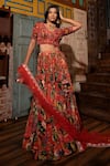 Shop_Vana Ethnics_Orange Viscose Printed Floral Scallop V Neck Pleated Bridal Lehenga Set _Online_at_Aza_Fashions