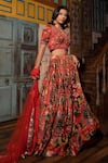 Vana Ethnics_Orange Viscose Printed Floral Scallop V Neck Pleated Bridal Lehenga Set _at_Aza_Fashions