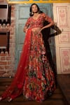 Shop_Vana Ethnics_Orange Viscose Printed Floral Scallop V Neck Pleated Bridal Lehenga Set _at_Aza_Fashions