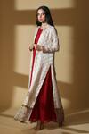 Buy_Zeefaa_White Georgette, Lycra, Brocade Zardozi Jacket Band Collar Anarkali Set With_at_Aza_Fashions