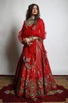 Mona And Vishu Red Dupatta Organza, Lehenga And Blouse Dupion Silk Hand Embroidered Set Online at Aza Fashions Mona And Vishu_Red Dupatta Organza, Lehenga And Blouse Dupion Silk Hand Embroidered Set _Online_at_Aza_Fashions
