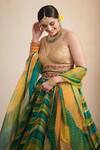 Cedar & Pine_Green Organza Mukaish, Sequin And Thread Work, Waves Print Plunge V Lehenga Set_Online_at_Aza_Fashions