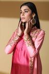 Shop_Zeefaa_Pink Chanderi Floral Motifs Jacket Band Collar Kurta Set With_Online_at_Aza_Fashions