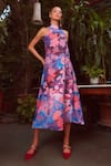 Shop_Ankita Dharman_Multi Color Georgette Floral Motifs Halter Sangria Print Dress _at_Aza_Fashions