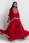 Buy_Brij_Red Spun Silk Embroidered Kanchi Tissue Scalloped Hem Cape And Flared Pant Set _Online_at_Aza_Fashions