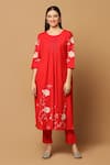 Shop_Ikha Couture_Red Kurta And Pant - Linen Cotton Embroidered Rose Appliques V Neck Set  _Online_at_Aza_Fashions