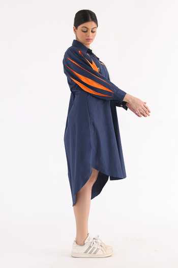 Studio Moda India_Blue Cotton Chains Collared Pleated Sleeve Flow Dress _Online_at_Aza_Fashions