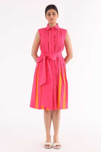 Studio Moda India_Pink Cotton Collared Inverted Pleated Blast Dress _Online_at_Aza_Fashions
