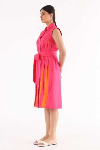 Buy_Studio Moda India_Pink Cotton Collared Inverted Pleated Blast Dress _Online_at_Aza_Fashions