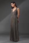 Zeefaa_Gold Chiffon Embellished Sequins Plunge V Neck Metallic Gown _Online_at_Aza_Fashions