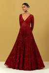 Ikshita Choudhary_Red Net, Georgette Sequins, Embroidery Plunge Neck Anarkali With Dupatta _Online_at_Aza_Fashions