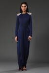 Buy_Zeefaa_Blue Turkish Lycra Pearls Round Shoulder Embellished Draped Gown_at_Aza_Fashions