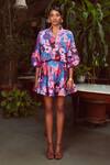 Buy_Ankita Dharman_Pink Crepe Printed Floral Motifs High Neck Sangria Bomber Jacket And Skirt Set _at_Aza_Fashions