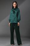 Zeefaa_Green Silk Collared Neck Ruffle Shirt_Online_at_Aza_Fashions