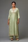 KORA_Green Kurta And Pant Silk Embroidery Sequin Notched Neckline Set  _Online_at_Aza_Fashions