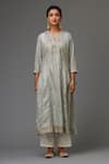 Kora_Blue Kurta And Pant Silk Embroidery Sequin Notched A-line Set With Dupatta _Online_at_Aza_Fashions