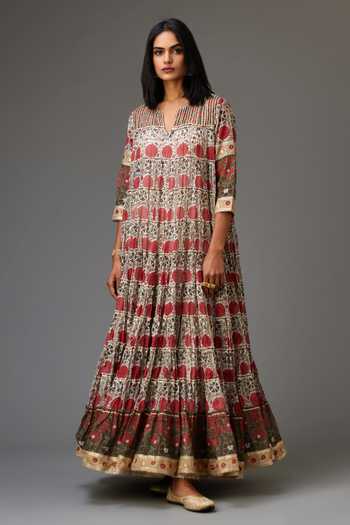 Buy_Kora_Red Cotton, Silk, Chanderi Gota Patti, Hand Block Print Tiered Anarkali Set _Online_at_Aza_Fashions