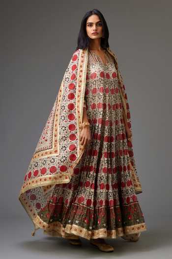 Buy_Kora_Red Cotton, Silk, Chanderi Gota Patti, Hand Block Print Tiered Anarkali Set 