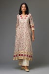 KORA_Red Kurta Silk Chanderi Hand Block Print Flower V Neck Set  _Online_at_Aza_Fashions
