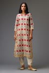 Kora_Red Silk, Cotton, Chanderi Embroidery, Gota Stripe Hand Block Print Kurta Set _Online_at_Aza_Fashions