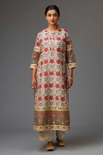 Kora_Red Silk, Cotton, Chanderi Embroidery, Tassels, Gota Hand Block Print Kurta Set _Online_at_Aza_Fashions