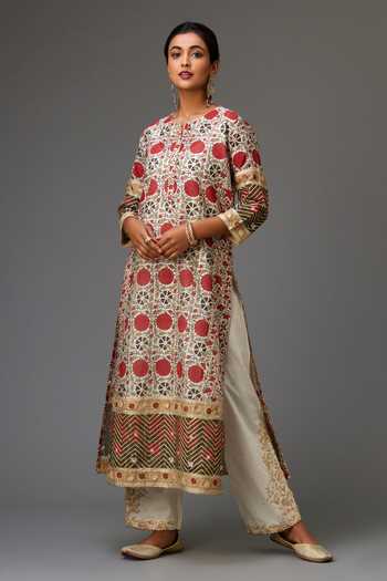 Buy_Kora_Red Silk, Cotton, Chanderi Embroidery, Tassels, Gota Hand Block Print Kurta Set _Online_at_Aza_Fashions