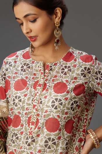 Shop_Kora_Red Silk, Cotton, Chanderi Embroidery, Tassels, Gota Hand Block Print Kurta Set _Online_at_Aza_Fashions