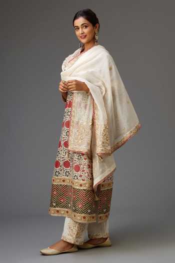 Buy_Kora_Red Silk, Cotton, Chanderi Embroidery, Tassels, Gota Hand Block Print Kurta Set 