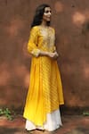 Shop_HOUSE OF PINK_Yellow Kurta And Dupatta Chanderi Bottom Self Cotton Embroidery Bandhani Set _at_Aza_Fashions