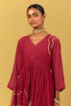 Shop_Ikshita Choudhary_Maroon Chanderi Embroidery V-neck Hand Jacket And Kurta Set _Online_at_Aza_Fashions