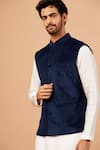 Shop_Hilo Design_Blue Bundi Velvet Plain Mandarin Collar Kurta Set _Online_at_Aza_Fashions