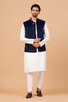 Hilo Design_Blue Bundi Velvet Plain Mandarin Collar Kurta Set _at_Aza_Fashions