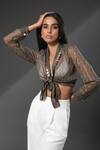 Buy_Zeefaa_Green Chiffon Shawl Collar Metallic Mist Print Tie-up Top_Online_at_Aza_Fashions