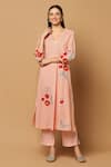 Ikha Couture_Peach Kurta And Pant - Linen Cotton Embroidered Floral V Neck Resham Set _Online_at_Aza_Fashions