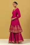 Shop_Ikshita Choudhary_Magenta Muslin, Silk, Organza Embroidery, Sequins Floral Anarkali Sharara Set _Online_at_Aza_Fashions