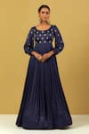 Buy_Ikshita Choudhary_Blue Satin Embroidery Round Neck Hand Anarkali With Dupatta _Online_at_Aza_Fashions
