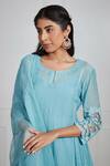 Buy_Label Mansi Nagdev_Blue Chanderi Pearls, Embroidery, Mirrors Keyhole Neck Nazreen Sleeve Kurta Set _Online_at_Aza_Fashions