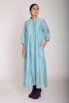 JAYATI GOENKA_Blue 50% Cotton And 50% Silk Band Collar Mandarin Shirt Dress _Online_at_Aza_Fashions