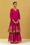 Ikshita Choudhary_Magenta Muslin, Silk, Organza Embroidery, Sequins Floral Anarkali Sharara Set _at_Aza_Fashions