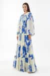 Buy_KoAi_Blue Chiffon Floral V Neck Balloon Sleeve Dress _Online_at_Aza_Fashions