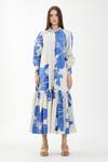 KoAi_Blue Poplin Cotton Floral Shirt Collar Pattern Dress _Online_at_Aza_Fashions