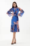 KoAi_Blue Chiffon Floral Bow Tie Collar Flounce Hem Dress _Online_at_Aza_Fashions