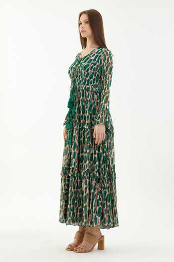 Koai_Green Chiffon Abstract V Neck Front Slit Dress _Online_at_Aza_Fashions