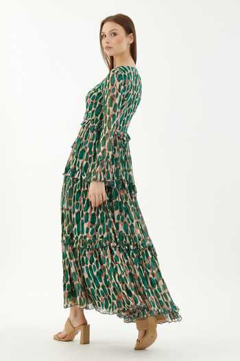 Shop_Koai_Green Chiffon Abstract V Neck Front Slit Dress _Online_at_Aza_Fashions