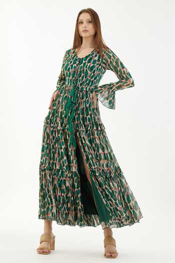Koai_Green Chiffon Abstract V Neck Front Slit Dress _at_Aza_Fashions