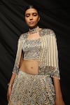 Buy_Sejal Kamdar_Cream Organza And Embroidery Ajrakh Scoop Jacket & Layered Lehenga Set _Online_at_Aza_Fashions