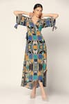 Buy_Two Sisters By Gyans_Blue Crepe Embroidery V-neck Geometric Print Wrap Up Dress _Online_at_Aza_Fashions