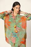 Two Sisters By Gyans_Green Georgette Tassels Collared Tropical Print Shirt And Pant Set _at_Aza_Fashions