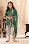 Shop_LittleCheer_Green Kurta Modal Satin Printed Floral Straight Dhoti Pant Set _Online_at_Aza_Fashions