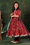 LittleCheer_Red Kurta Viscose Cotton Printed Anarkali Set With Contrast Dupatta _Online_at_Aza_Fashions